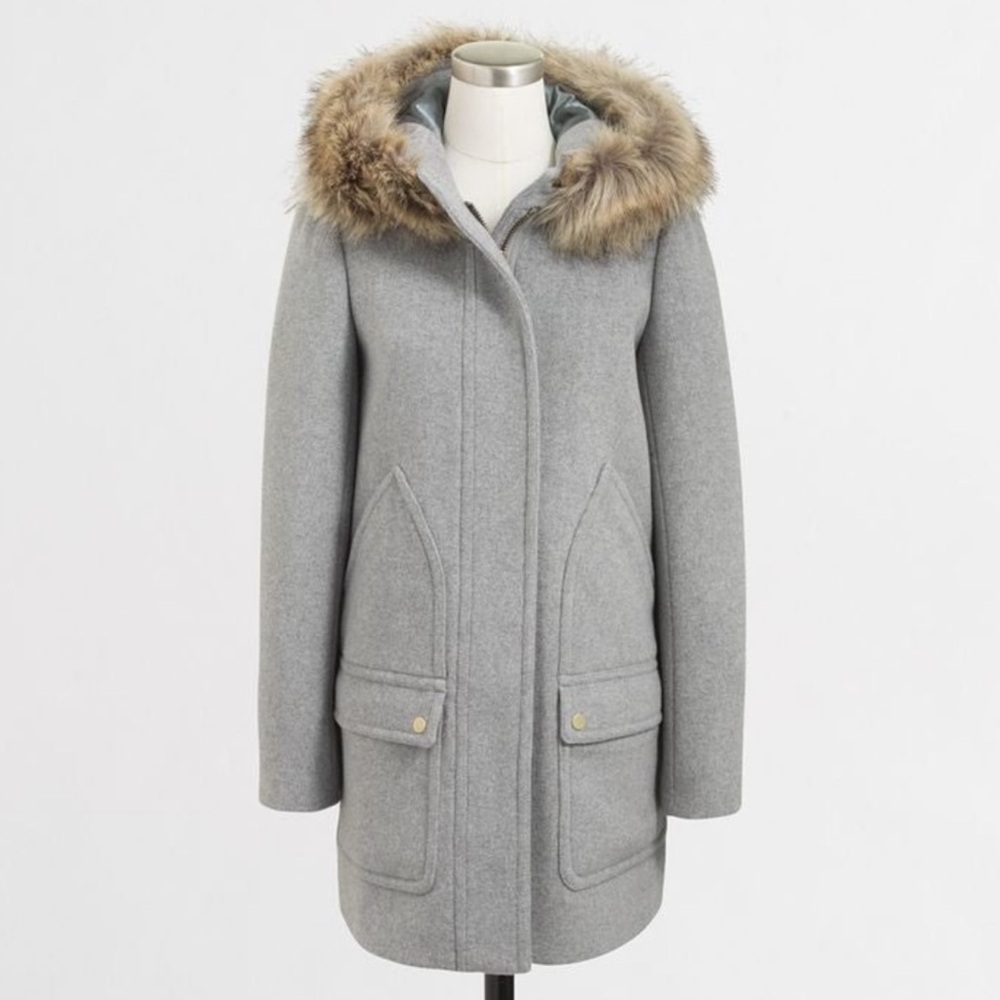 J. Crew Gray Coat with Faux Fur Trim